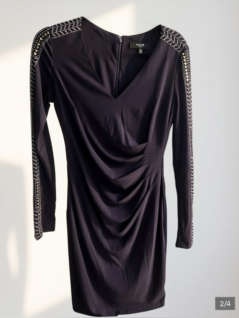 GUESS Navy Ruched Embellished Sleeve V-Neck Mini Dress | Size 2 - Picture 2 of 4